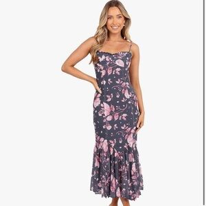 Petal & Pup Charcoal Midi Dress with Pink Floral Print